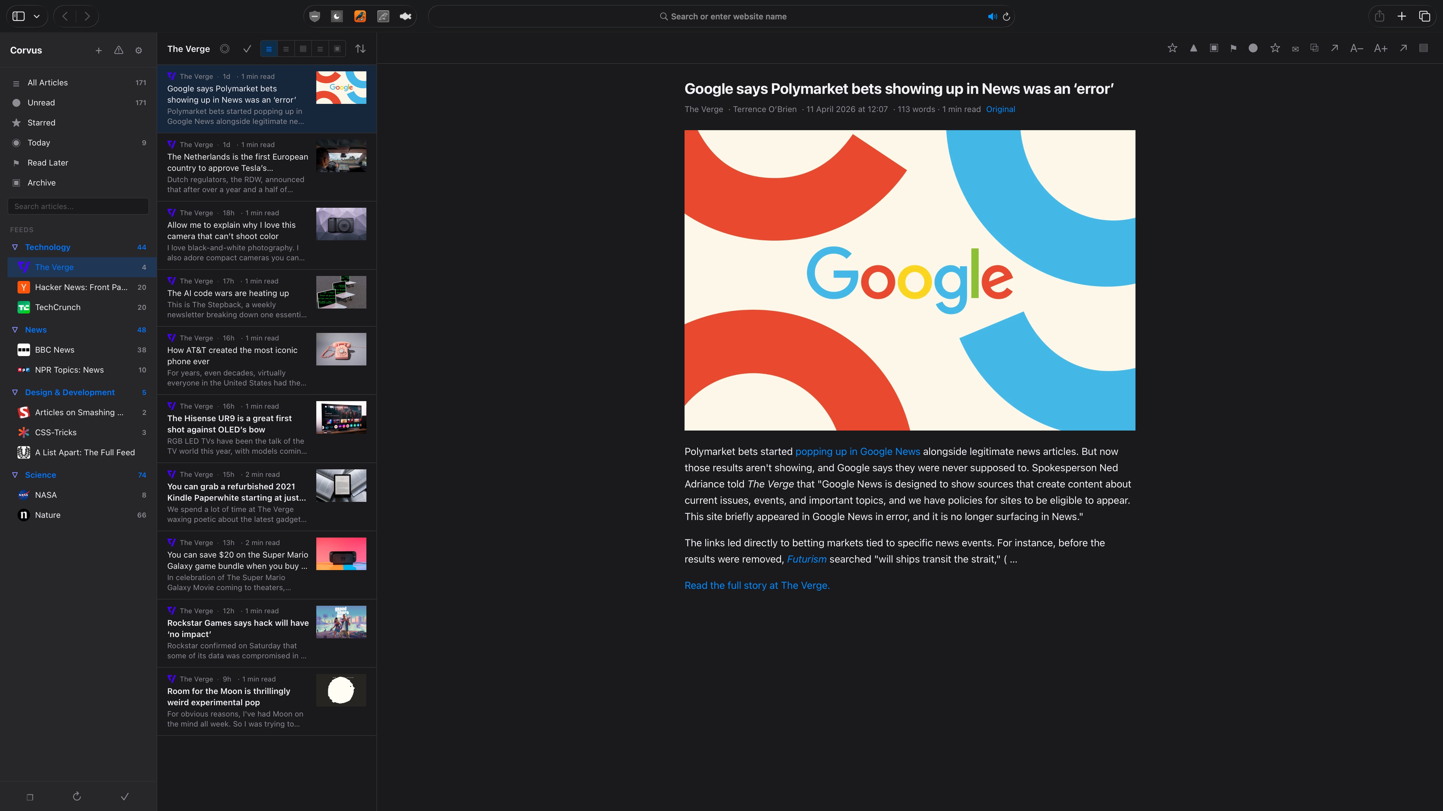 Corvus three-panel reader view in dark theme