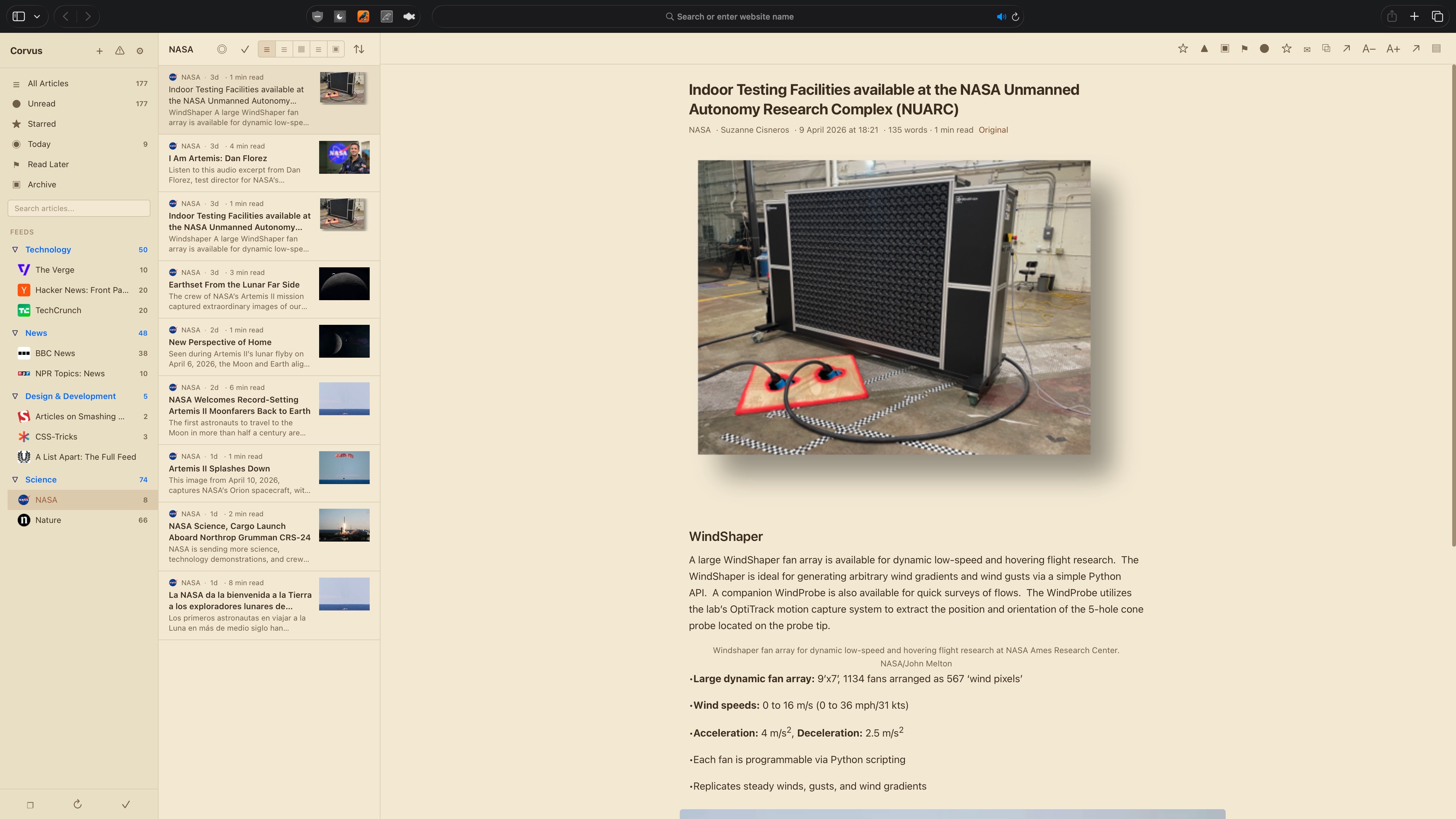 Corvus three-panel reader view in light theme