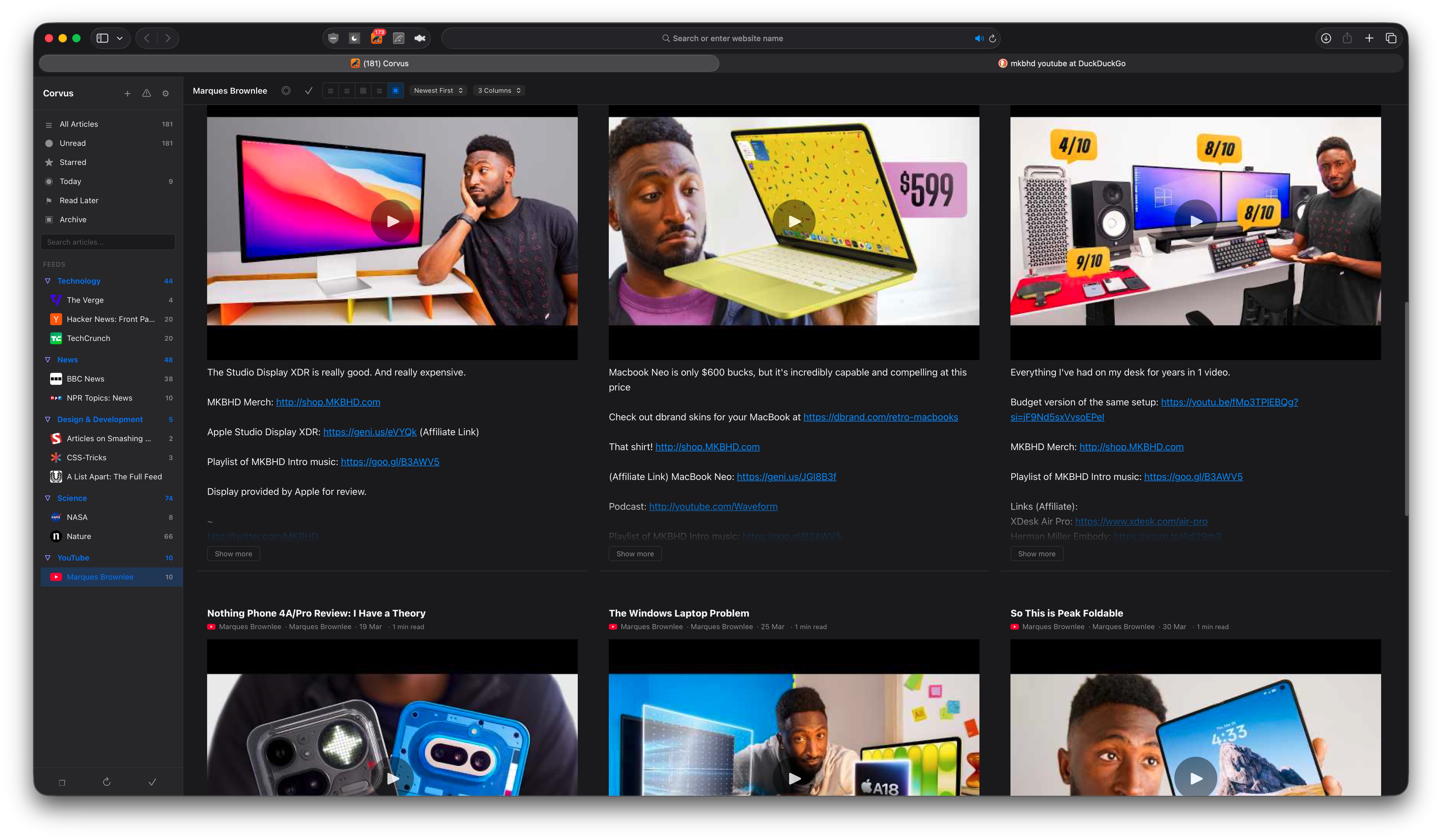 YouTube channel feed displayed as video cards in Corvus