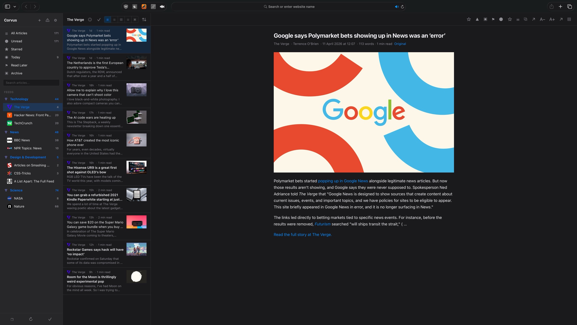 Corvus three-panel reader view in dark theme