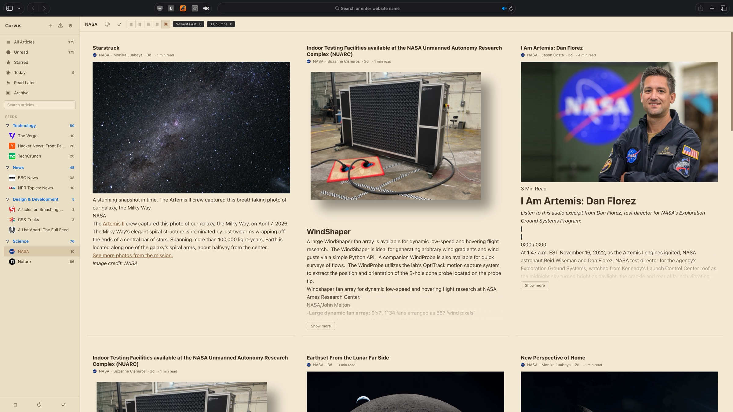 Corvus full-view layout in warm sepia theme reading NASA articles