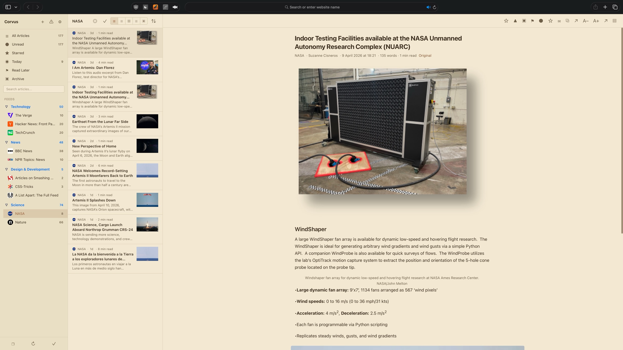 Corvus three-panel reader view in light theme