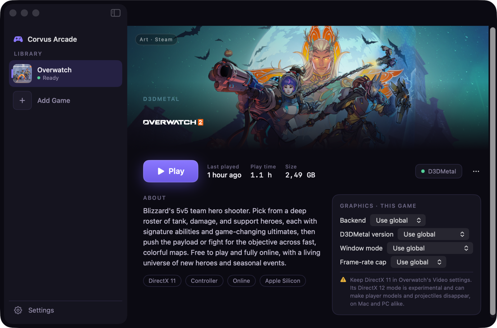 Corvus Arcade launcher showing Overwatch with per-game graphics options