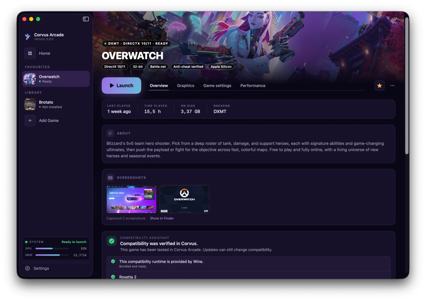 Corvus Arcade 0.9.0 showing Overwatch, compatibility checks, screenshots, and live system readiness