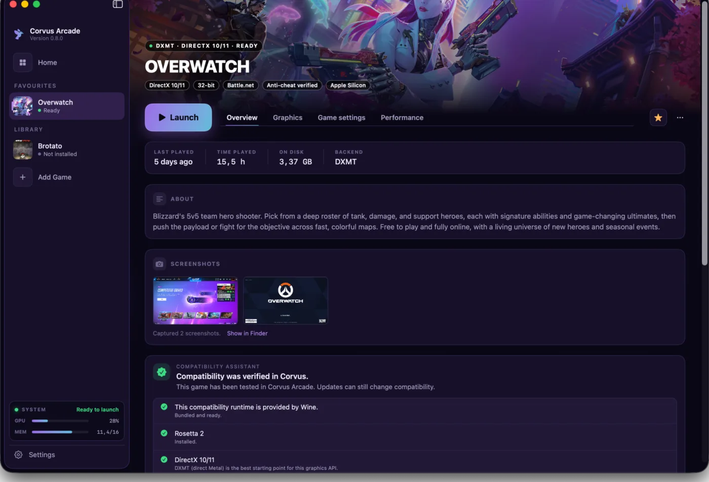 Corvus Arcade 0.8.0 showing Overwatch, compatibility checks, screenshots, and live system readiness