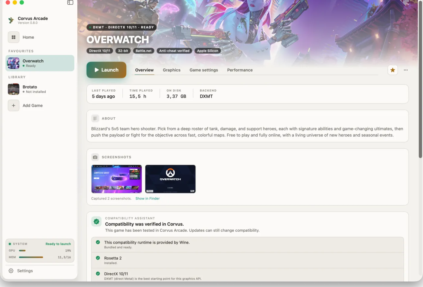 Corvus Arcade game page using the Linen light theme