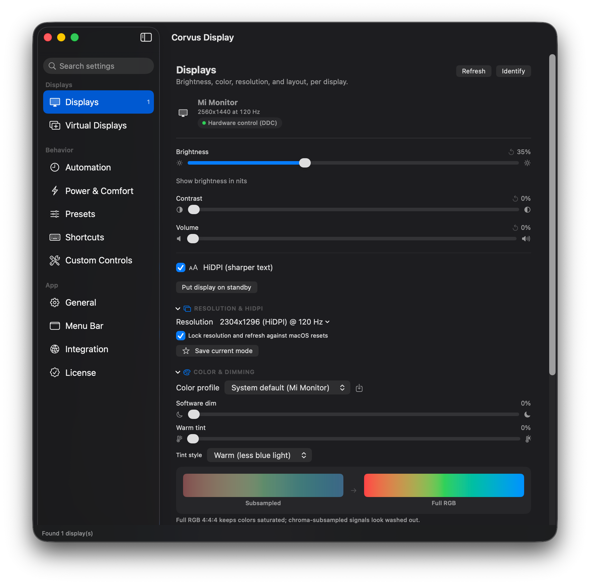 Per-display brightness, color, resolution and HiDPI control