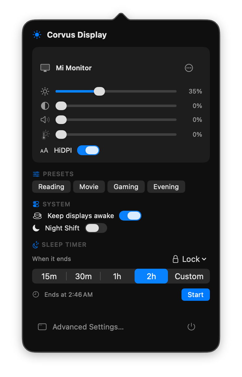 Corvus Display menu-bar popover