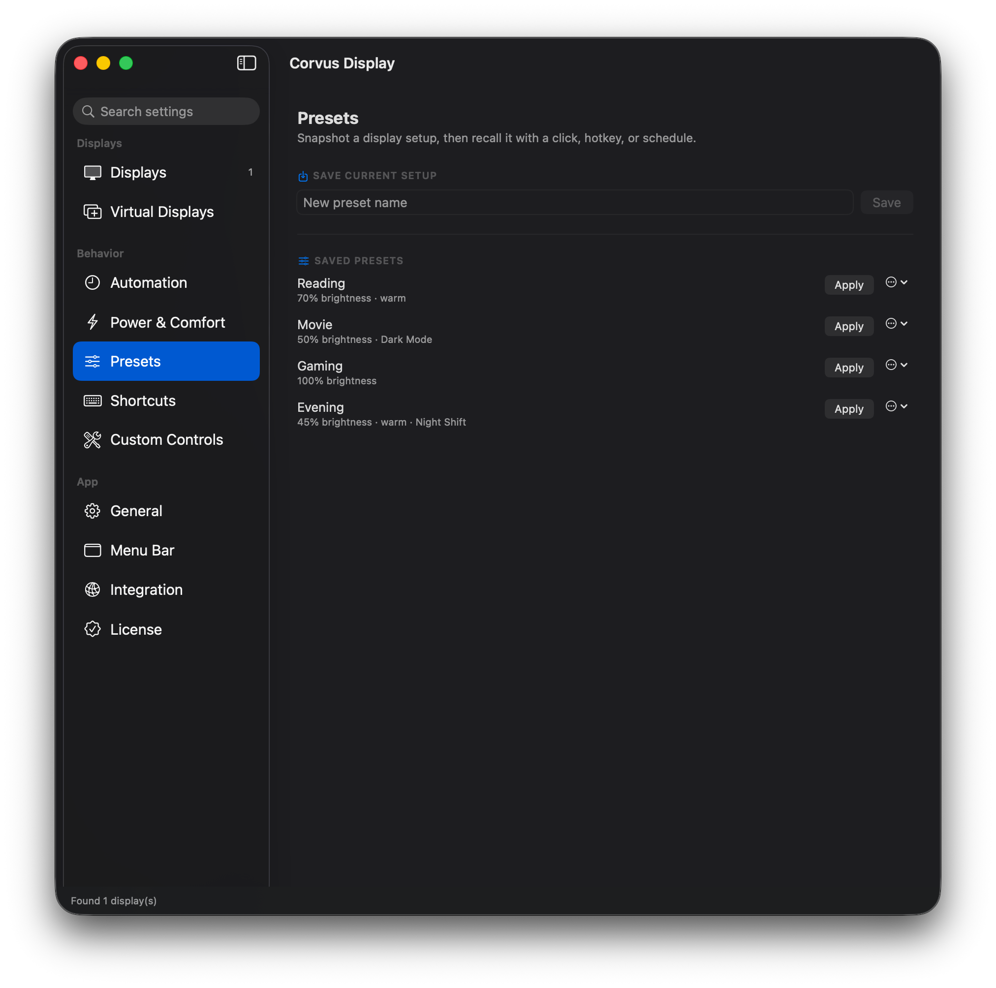 One-click display presets