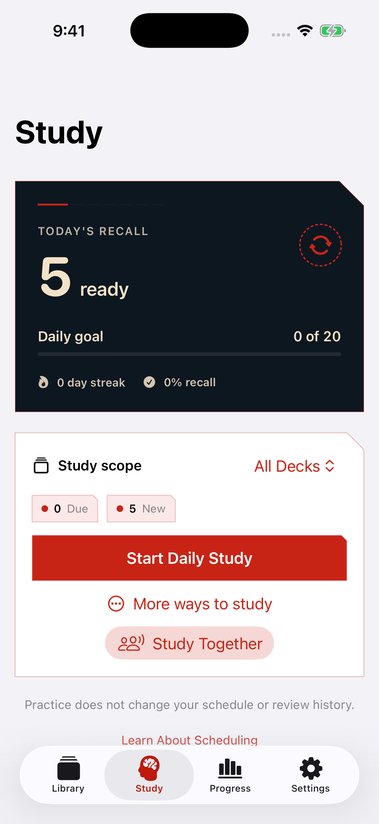 The daily study screen in Corvus Recall