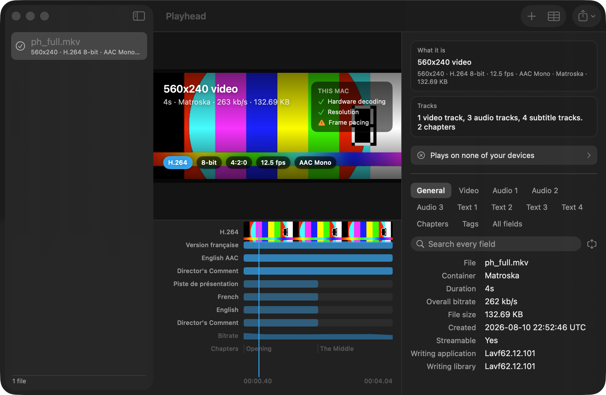 Playhead showing a Matroska file with three audio tracks and four subtitle tracks laid out as lanes
