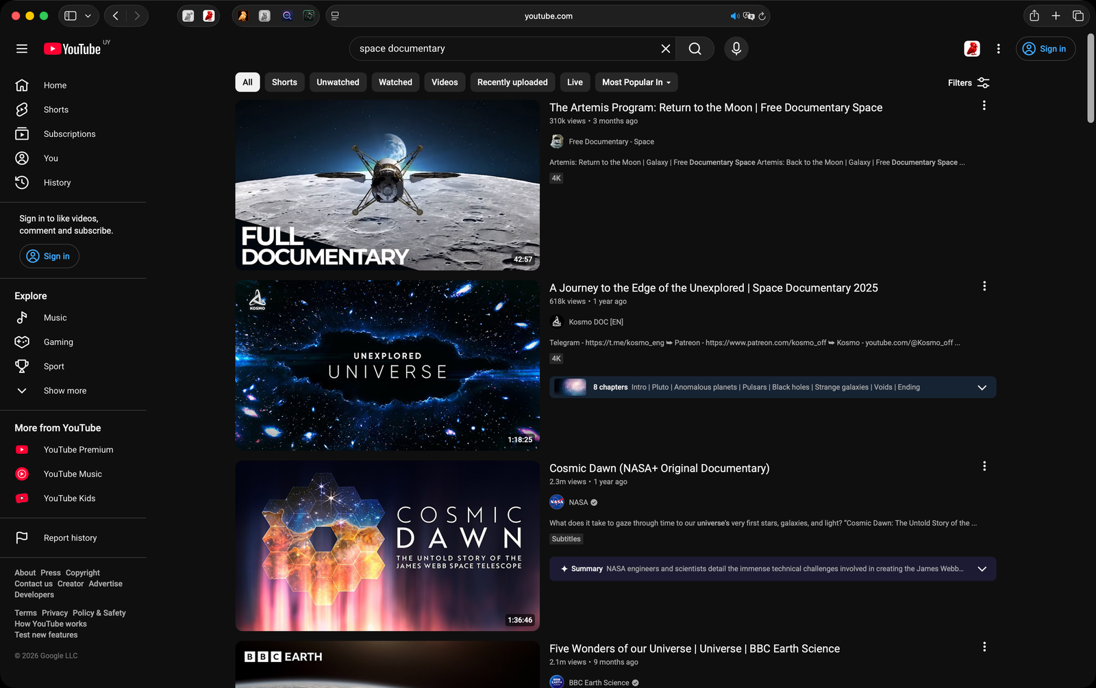 A YouTube search page with Shorts, ads and clutter removed