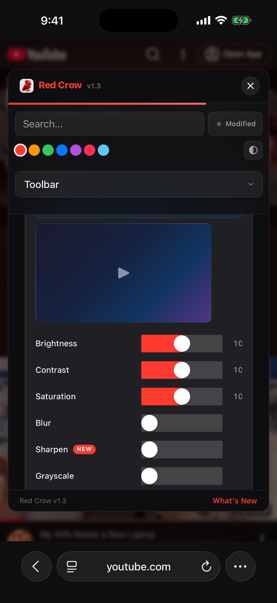 Red Crow video filter controls on iPhone