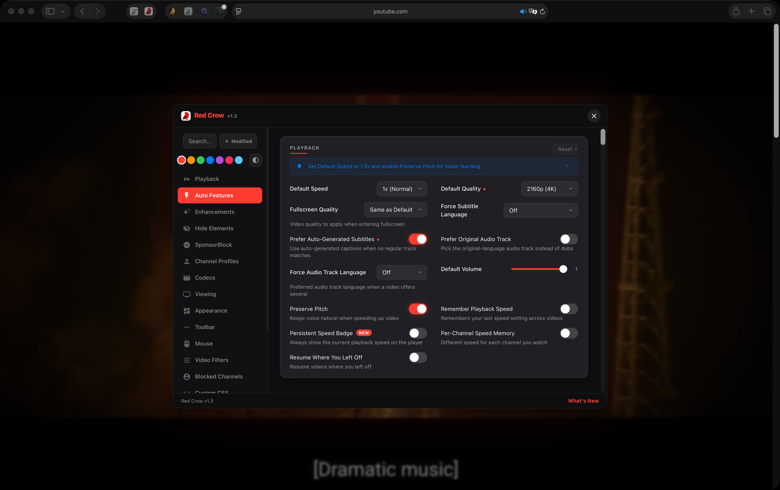 Red Crow settings panel open over YouTube, showing playback options