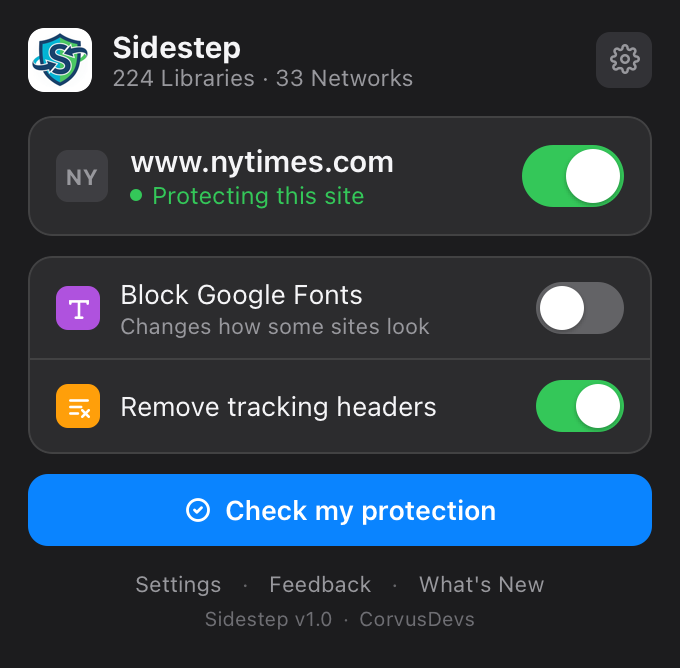 The Sidestep toolbar popup showing the current site protected