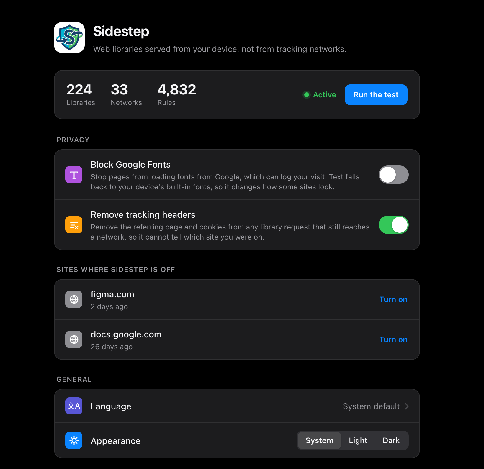 Sidestep settings: coverage, privacy switches, per-site exceptions, language and appearance